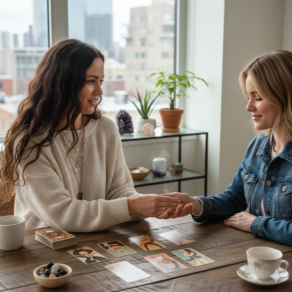 Woman reading another woman's palm. Tarot cards and crystals on table. City view in background.
