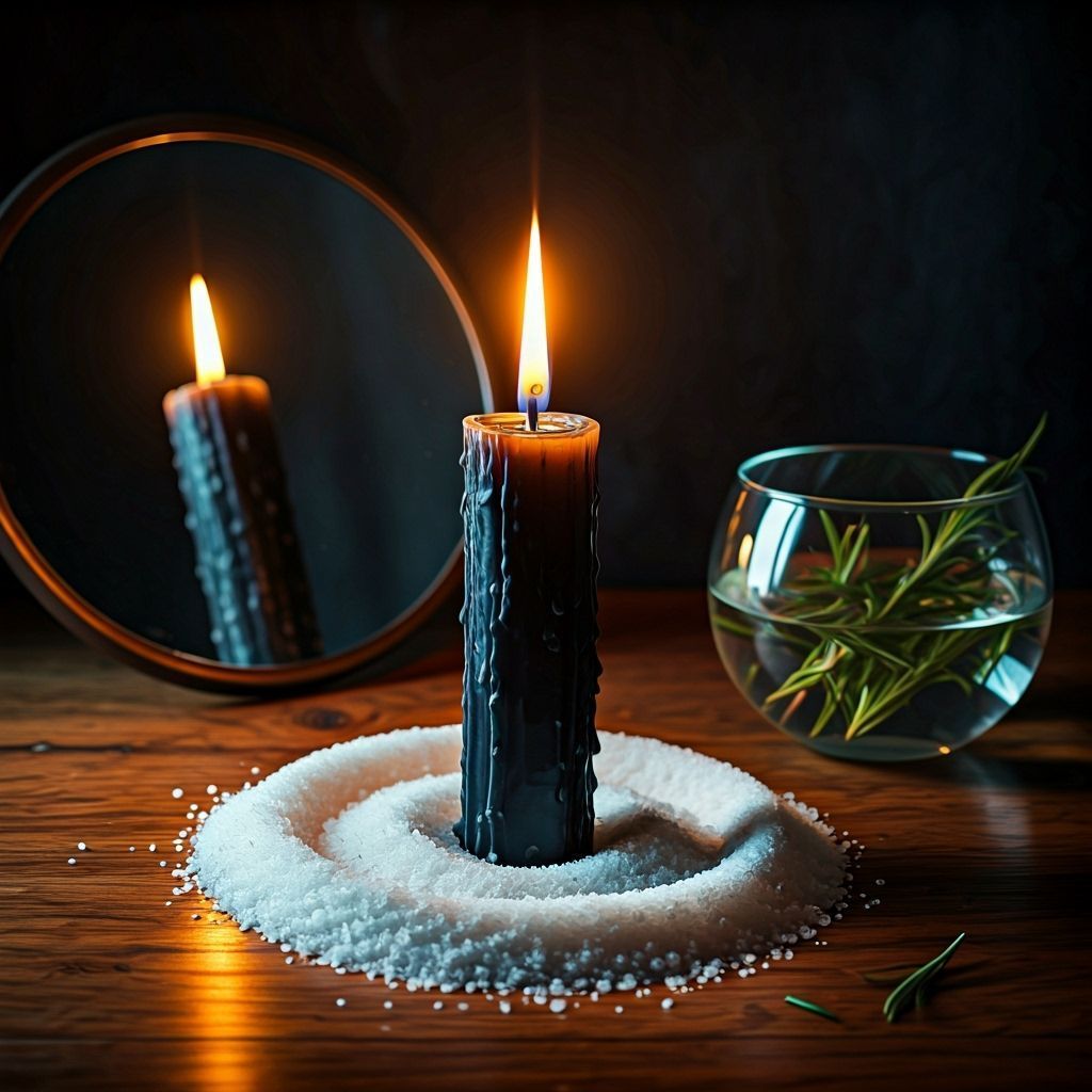 Black candle burning, reflected in a mirror, on a wooden table. Beside it is a glass of water with sprigs of rosemary.