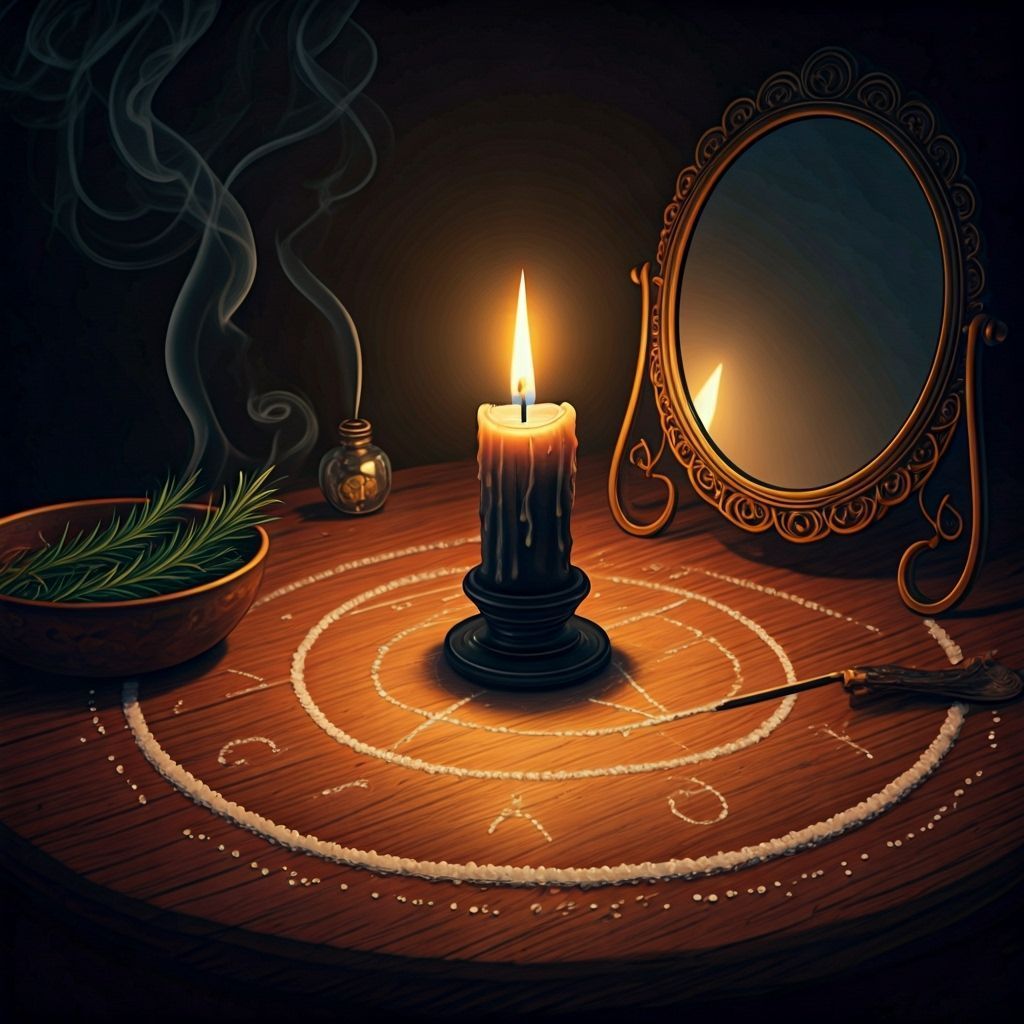 A lit candle on a ritual circle, with a mirror, herbs, and smoke. Dark setting, mystical theme.