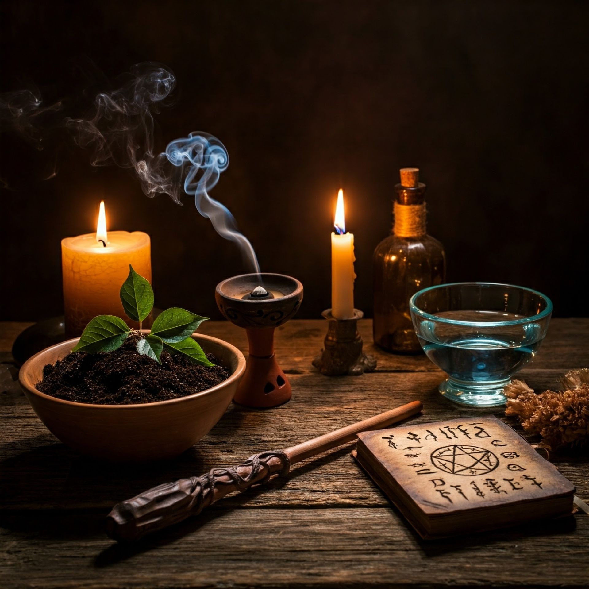 A dimly lit table with candles, a smoking incense burner, potion bottles, a bowl with leaves, a wand, and a spell book.
