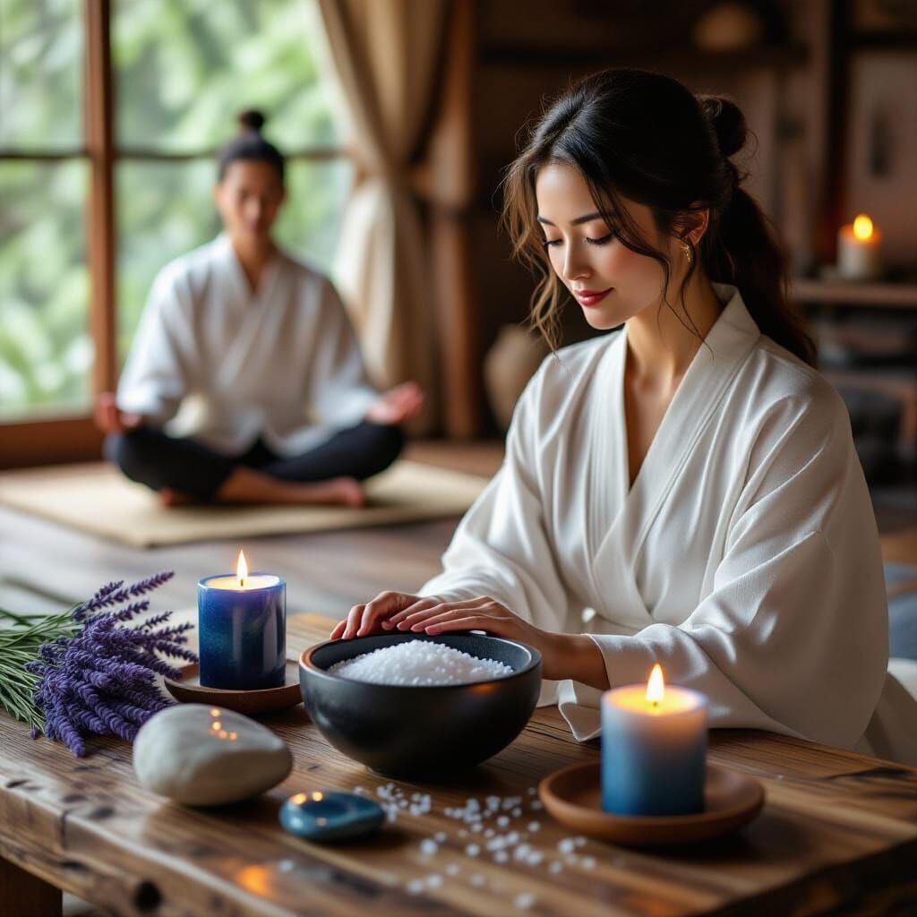 A woman is sitting at a table with a bowl of salt and candles.