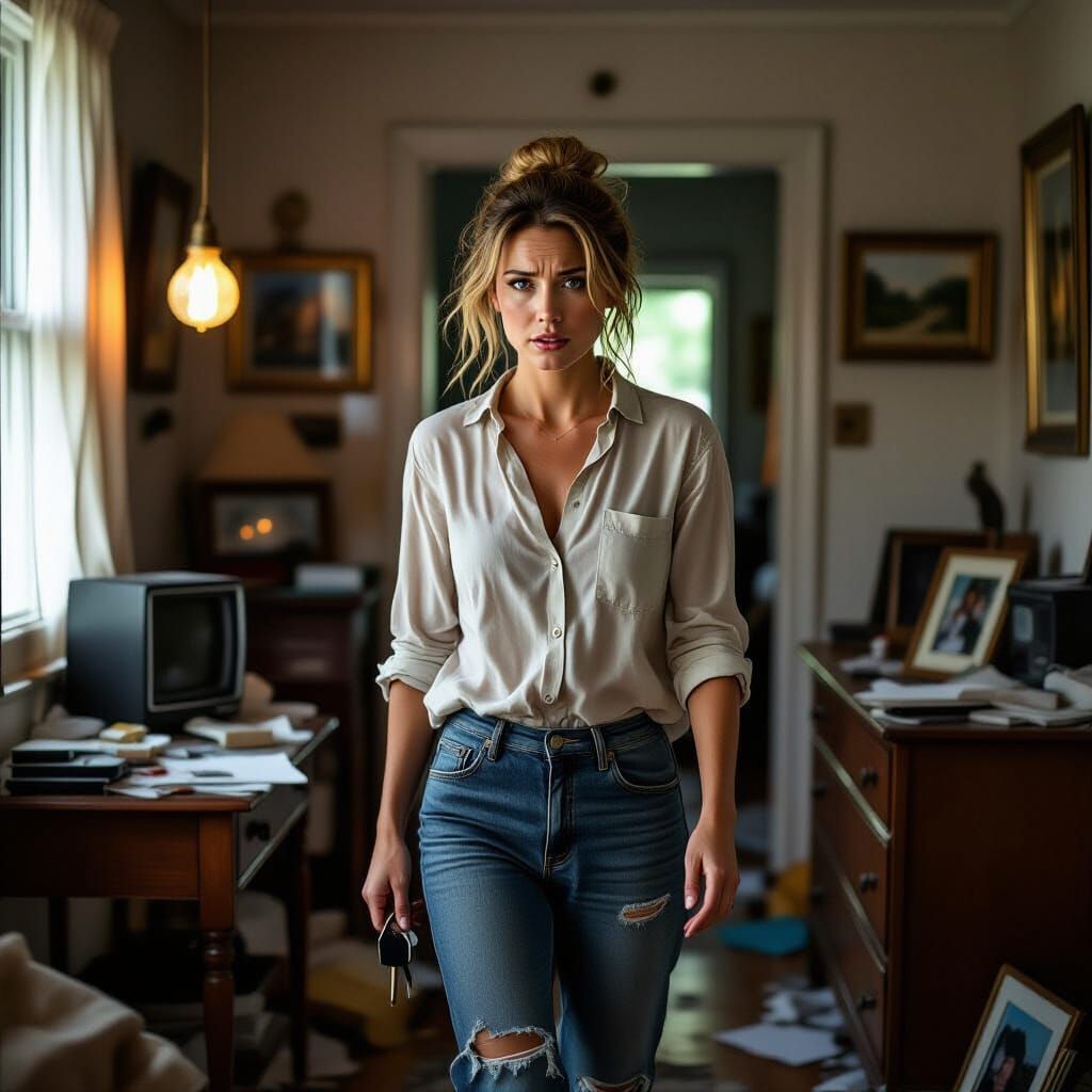 A woman in a white shirt and ripped jeans is standing in a living room.