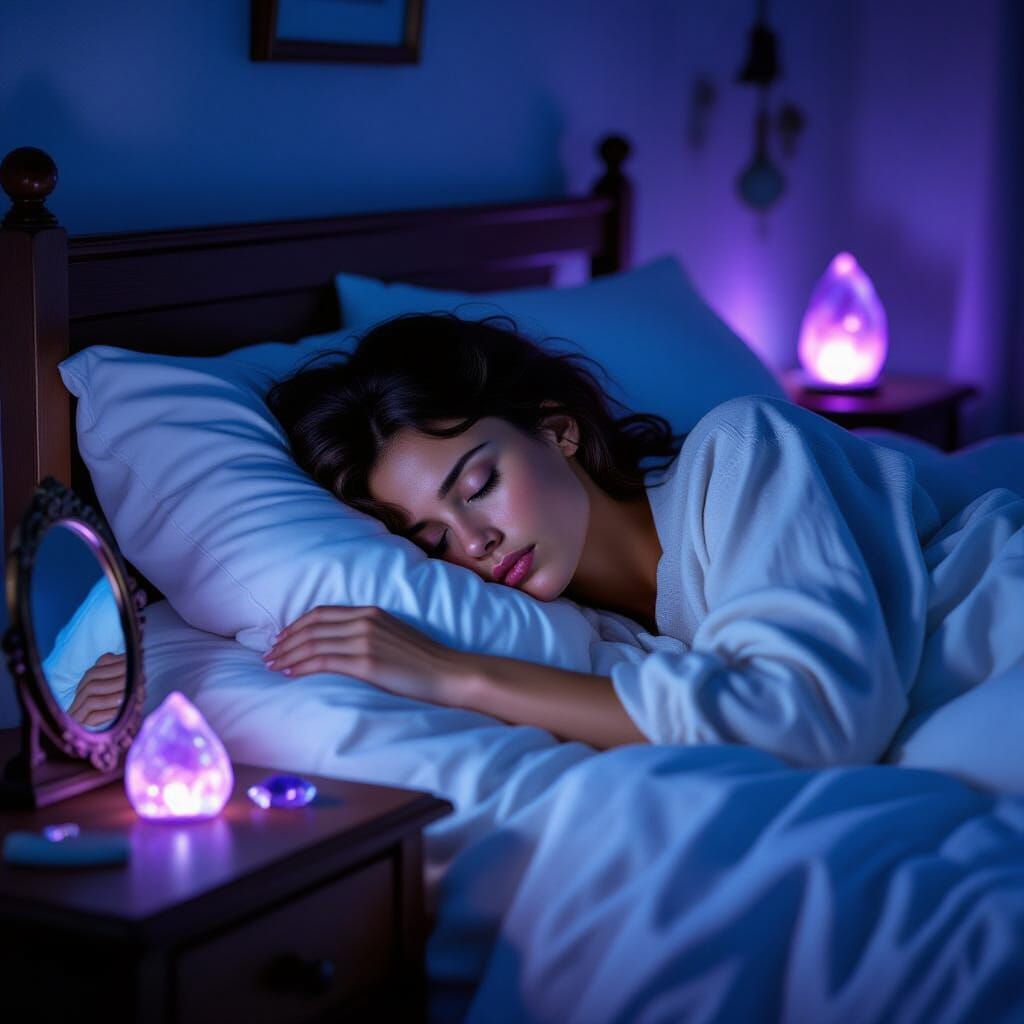 A woman is sleeping in a bed with purple lights on the nightstand.