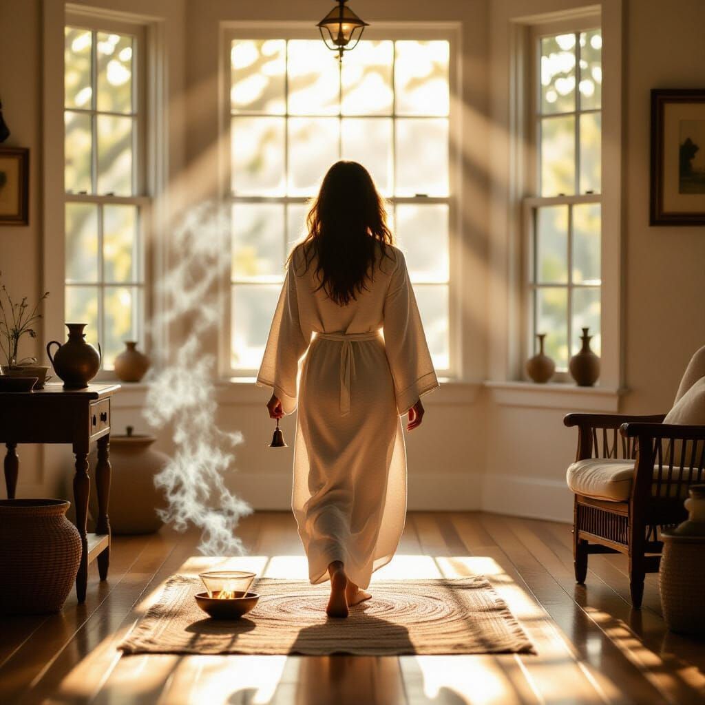 A woman in a white robe is standing in front of a window