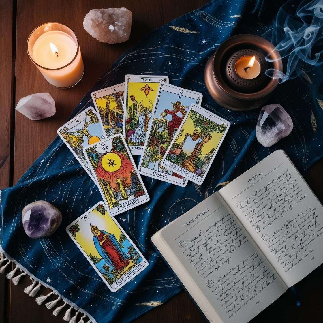 Tarot cards on a celestial cloth, with candles, crystals, and a journal, suggesting divination.