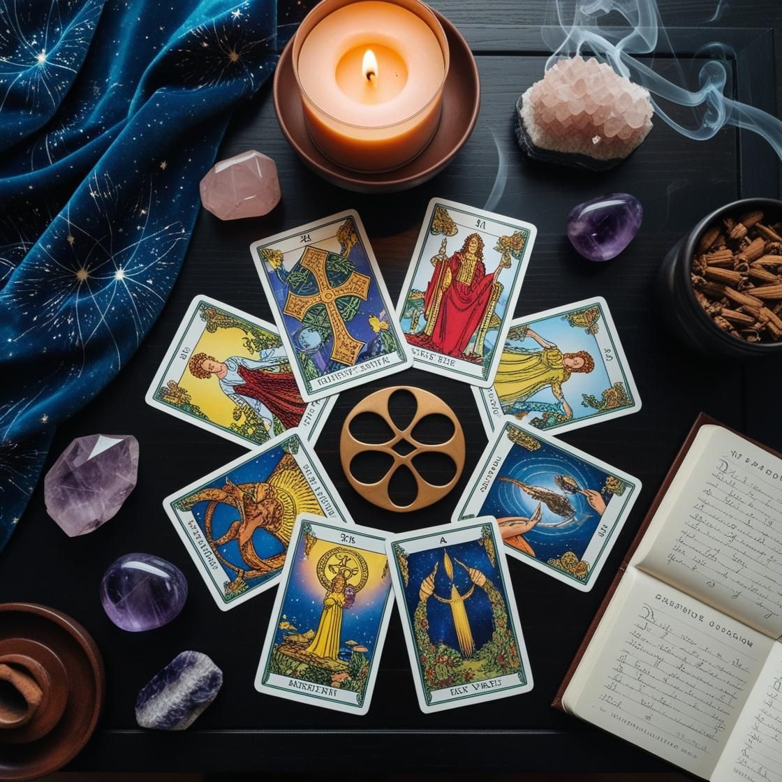 Tarot cards arranged around a center piece with crystals, candle, and open book on a dark surface.