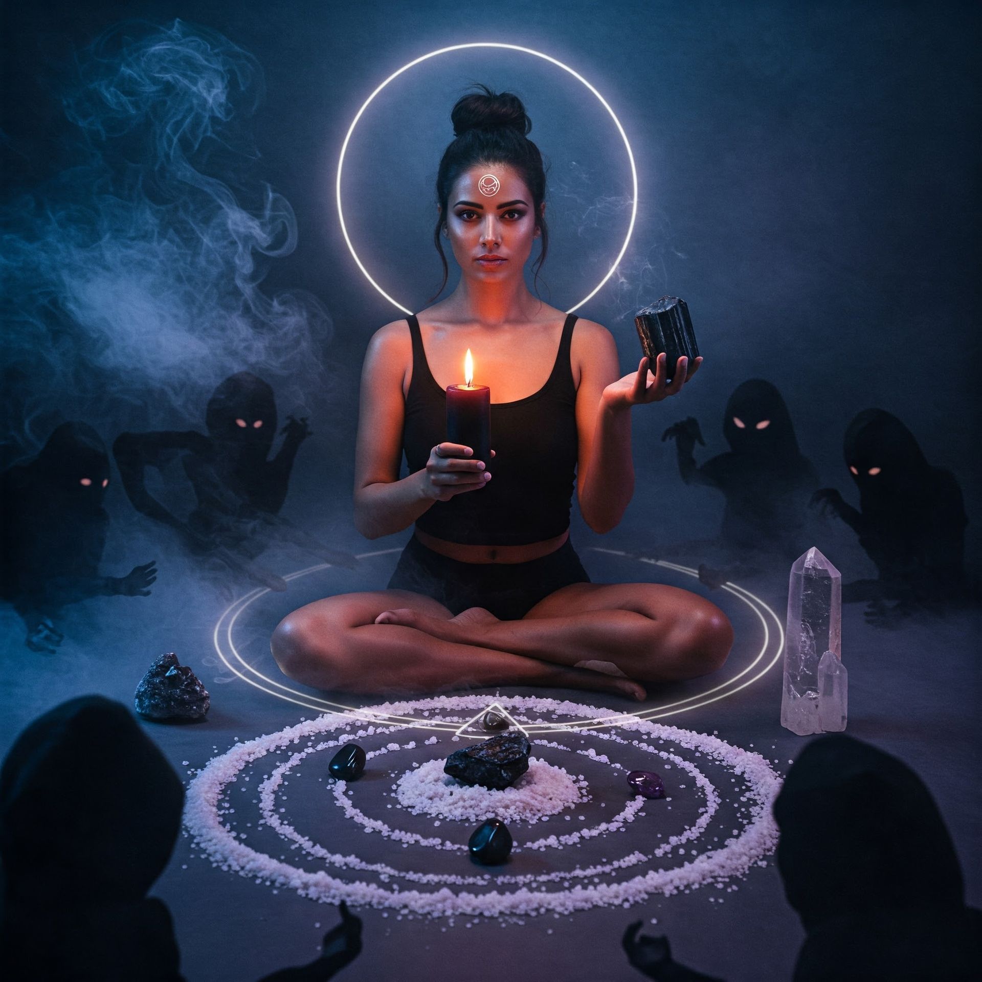 A woman is sitting in a lotus position holding a candle.