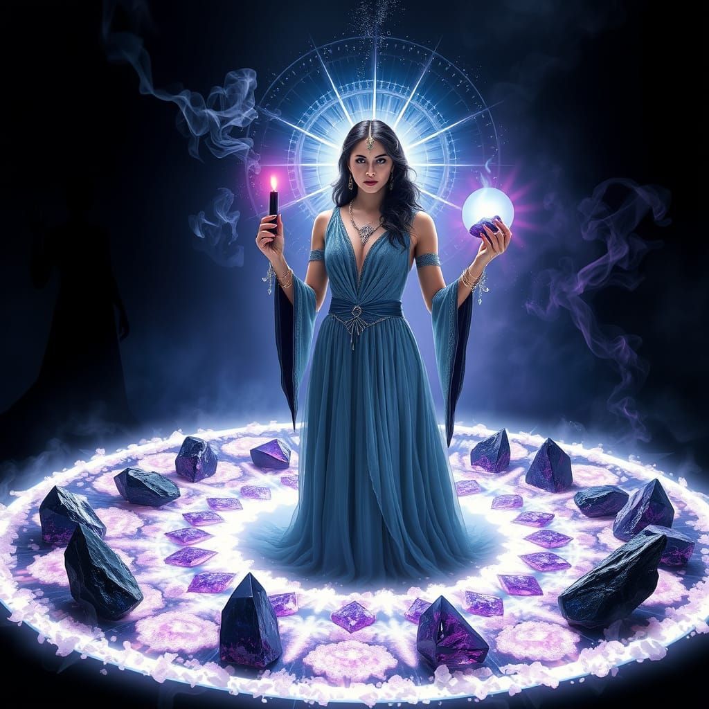 A woman in a blue dress is standing in a circle of crystals holding a candle.
