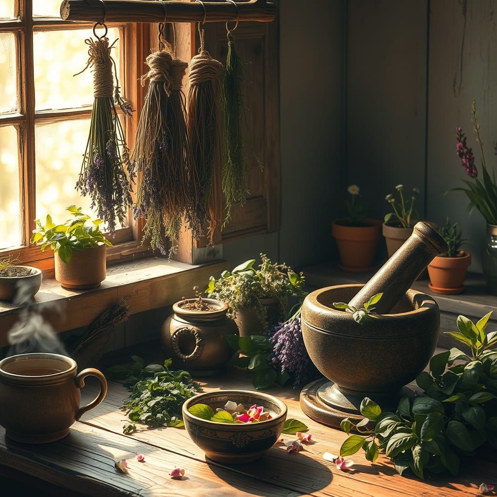 A rustic kitchen scene with herbs, a mortar and pestle, and a window with bundles of drying plants. A steaming mug sits on the wooden counter.