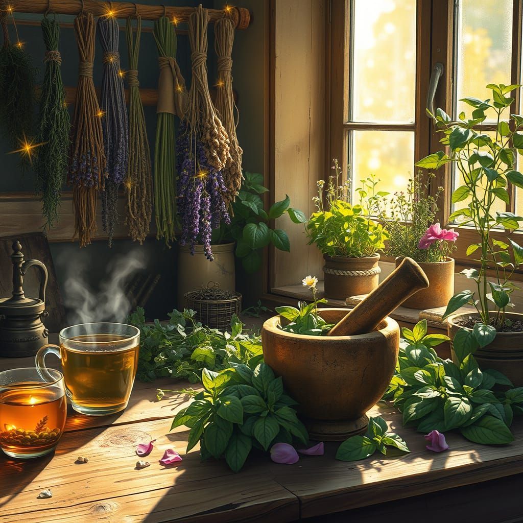 A wooden table with herbs, mortar, and tea, bathed in sunlight. Dried herbs hang above.