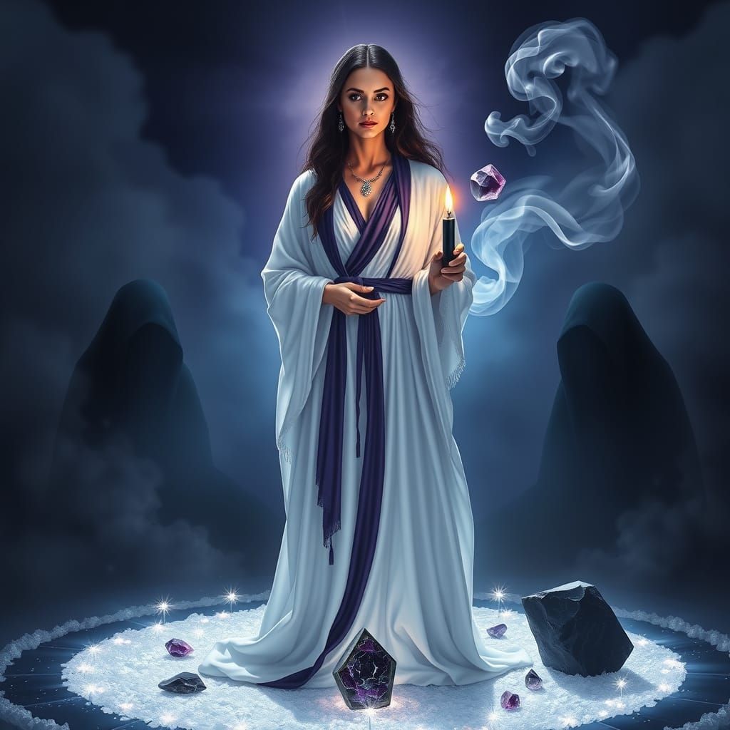 A woman in a white robe is holding a candle
