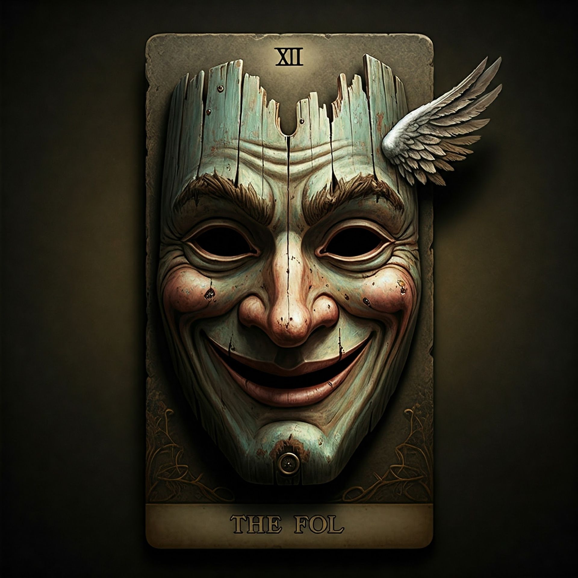 Tarot card with a weathered wooden mask. The mask has a wide smile, empty eyes, and a small wing. The card reads
