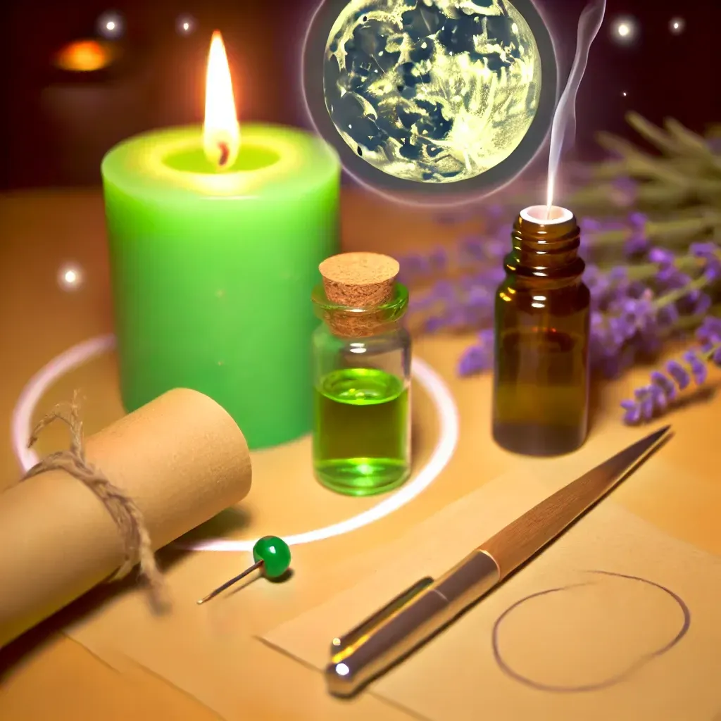 A magical scene featuring a green candle, potion bottles, a scroll, and a pen, with a full moon glowing above.
