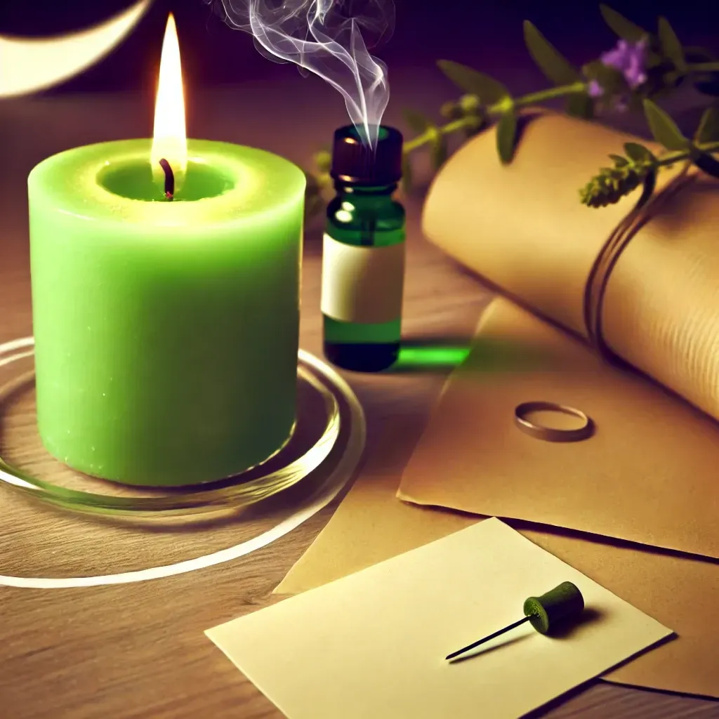 A green candle burns next to an aromatherapy bottle emitting smoke, rolled parchment, and a small gold ring on a table.