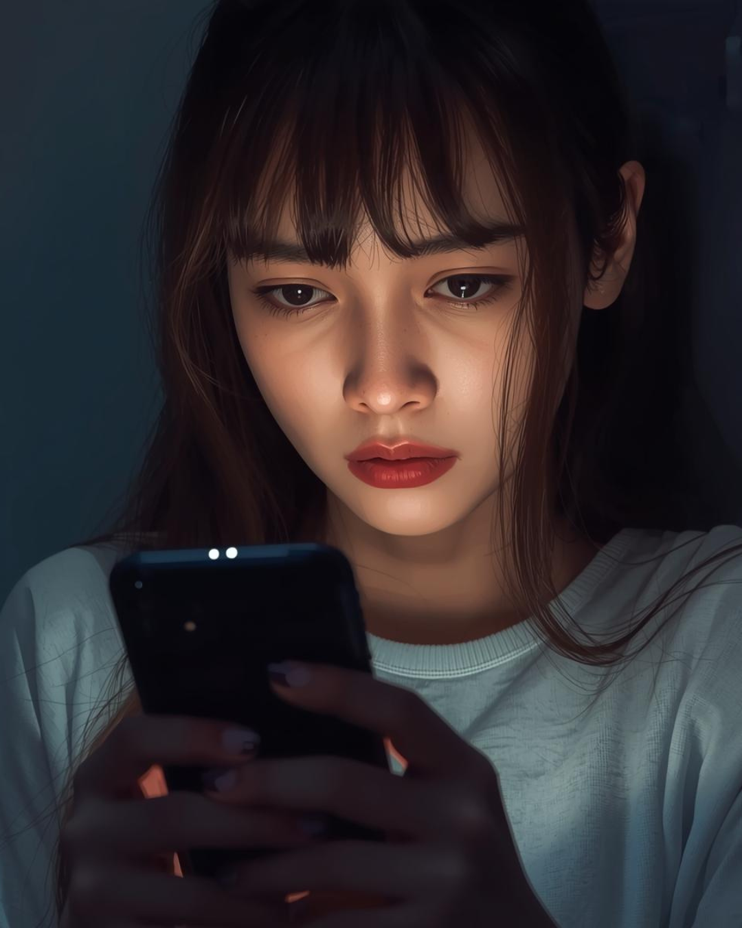 Woman looking at phone in a dim setting; illuminated face, concerned expression, holding device.