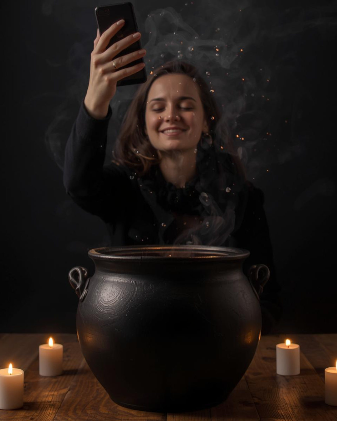 Woman taking a selfie above a cauldron with smoke, candles in dark setting.