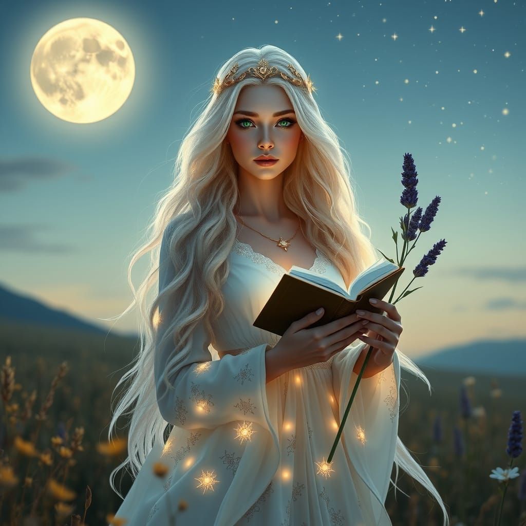 A woman in a white dress is holding a book and flowers.