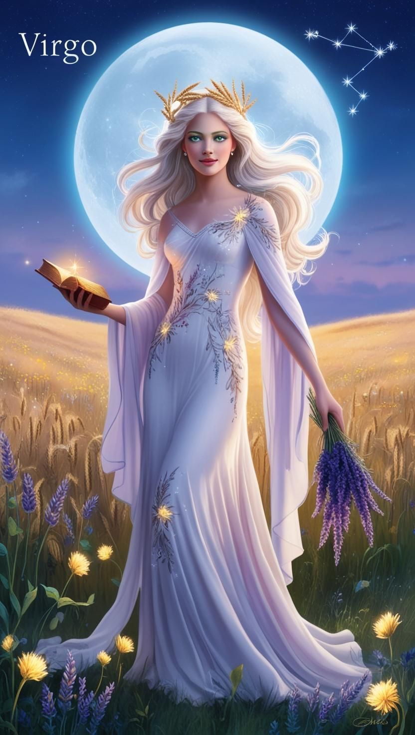 A woman in a white dress is standing in a field holding a book and flowers.