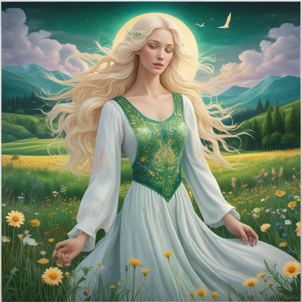 A woman in a white dress is standing in a field of flowers