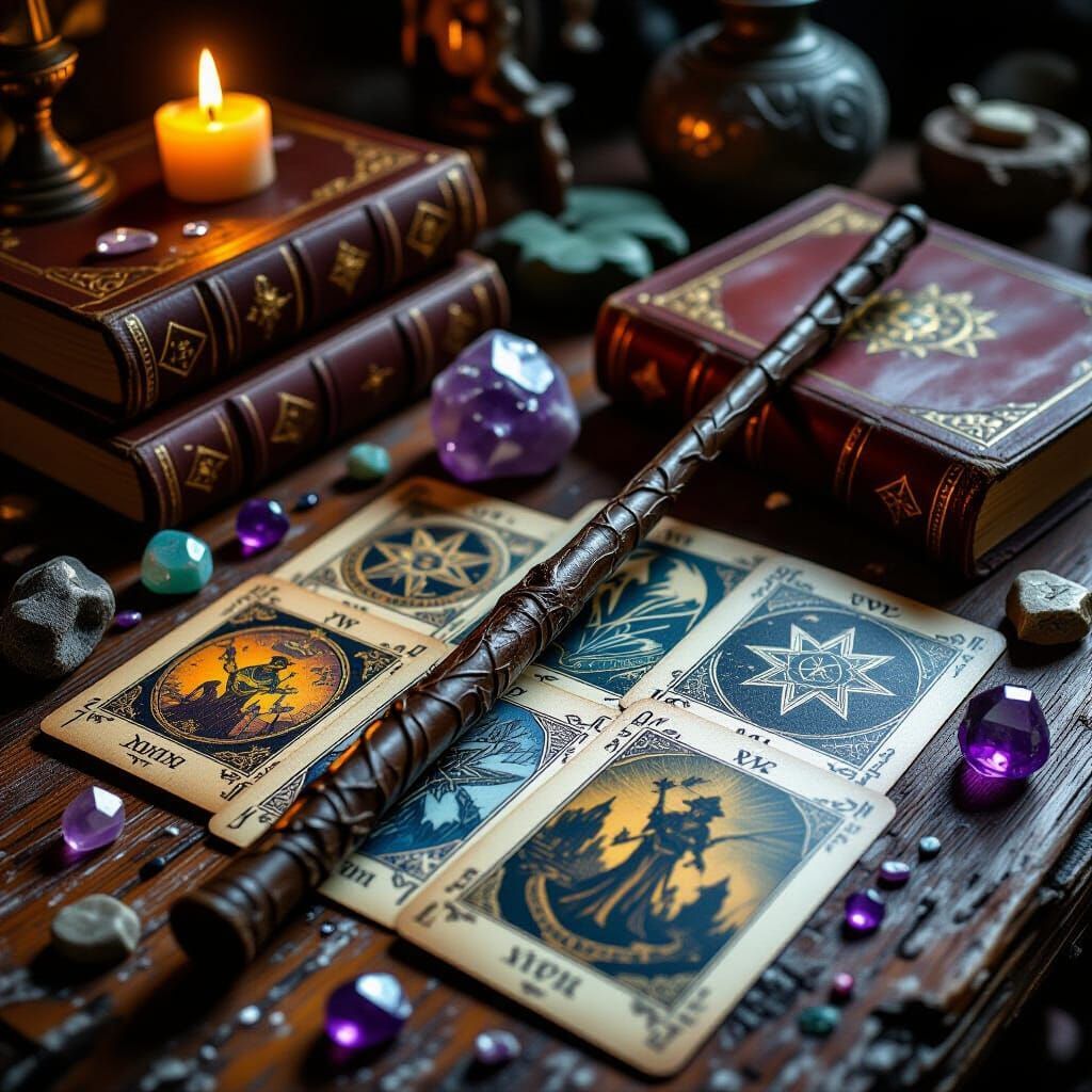 A wooden wand is sitting on top of a table next to tarot cards and books.