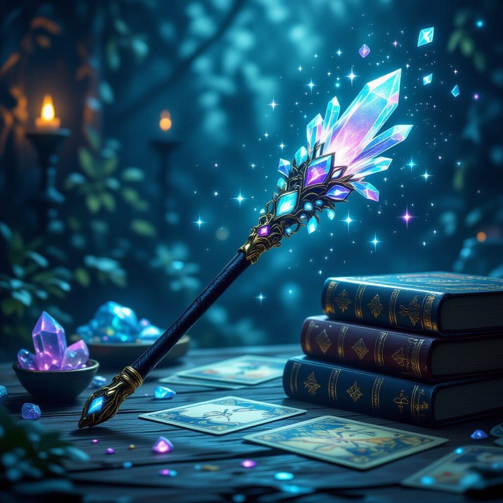 A magic wand is sitting on top of a stack of books on a table.