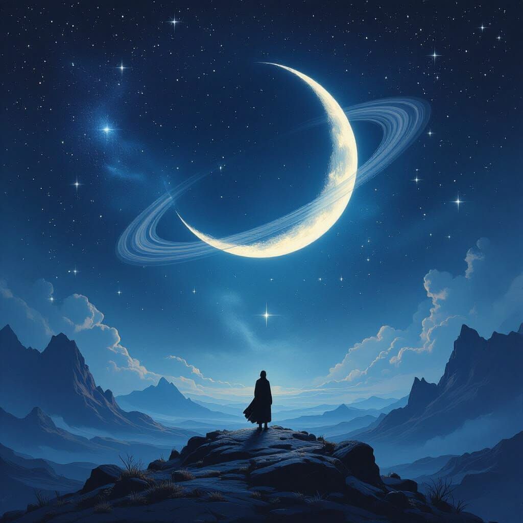 A silhouetted figure stands on a mountaintop gazing at a crescent moon with rings in a starry night sky.