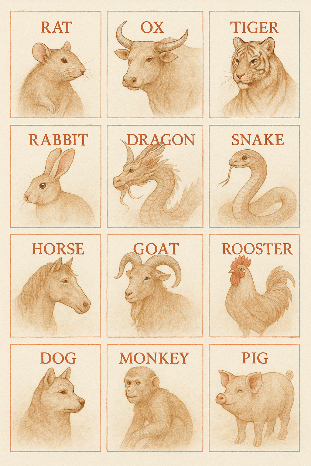 Chinese zodiac animals in sepia tone: Rat, Ox, Tiger, Rabbit, Dragon, Snake, Horse, Goat, Rooster, Dog, Monkey, and Pig.