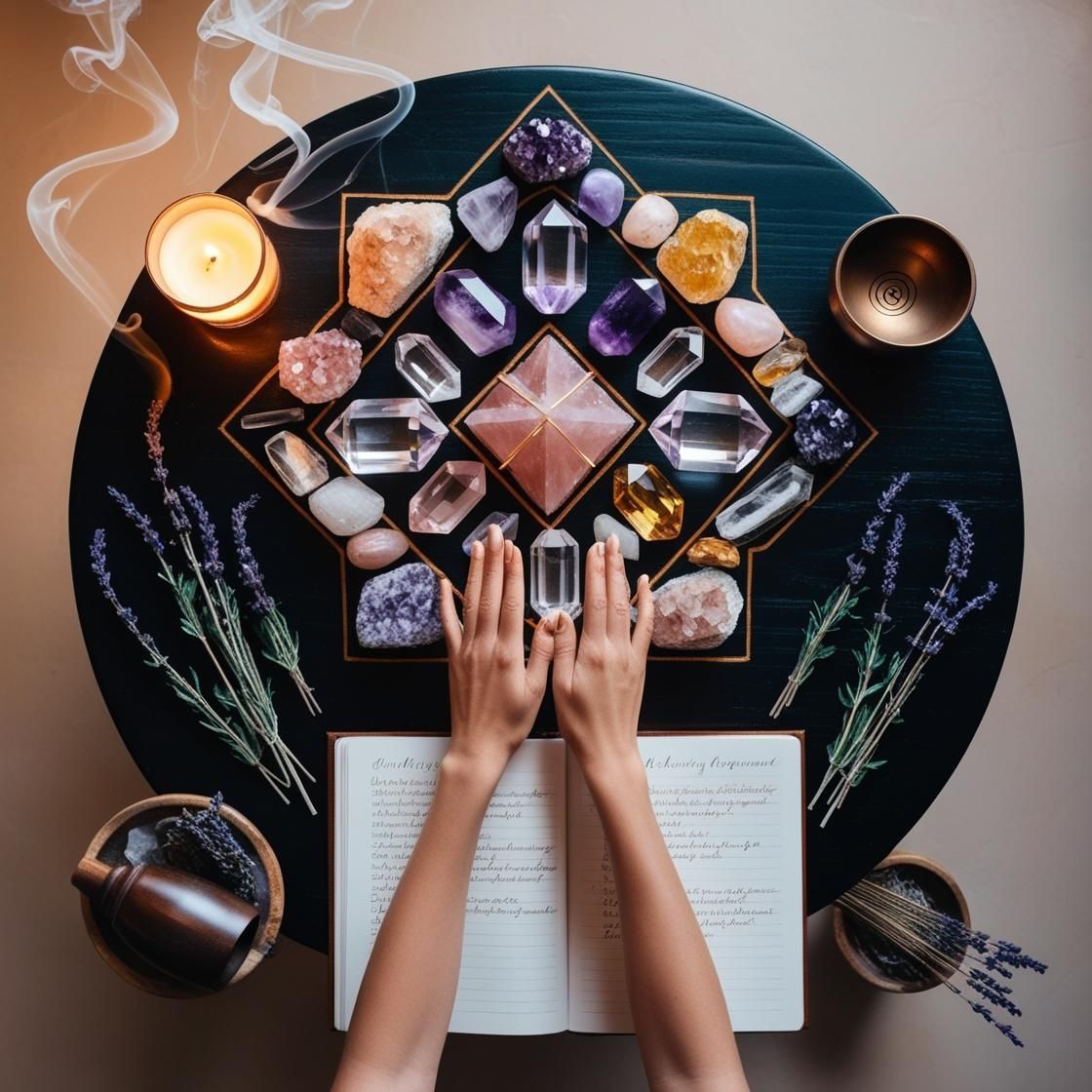 A person is sitting at a table with crystals and a book.