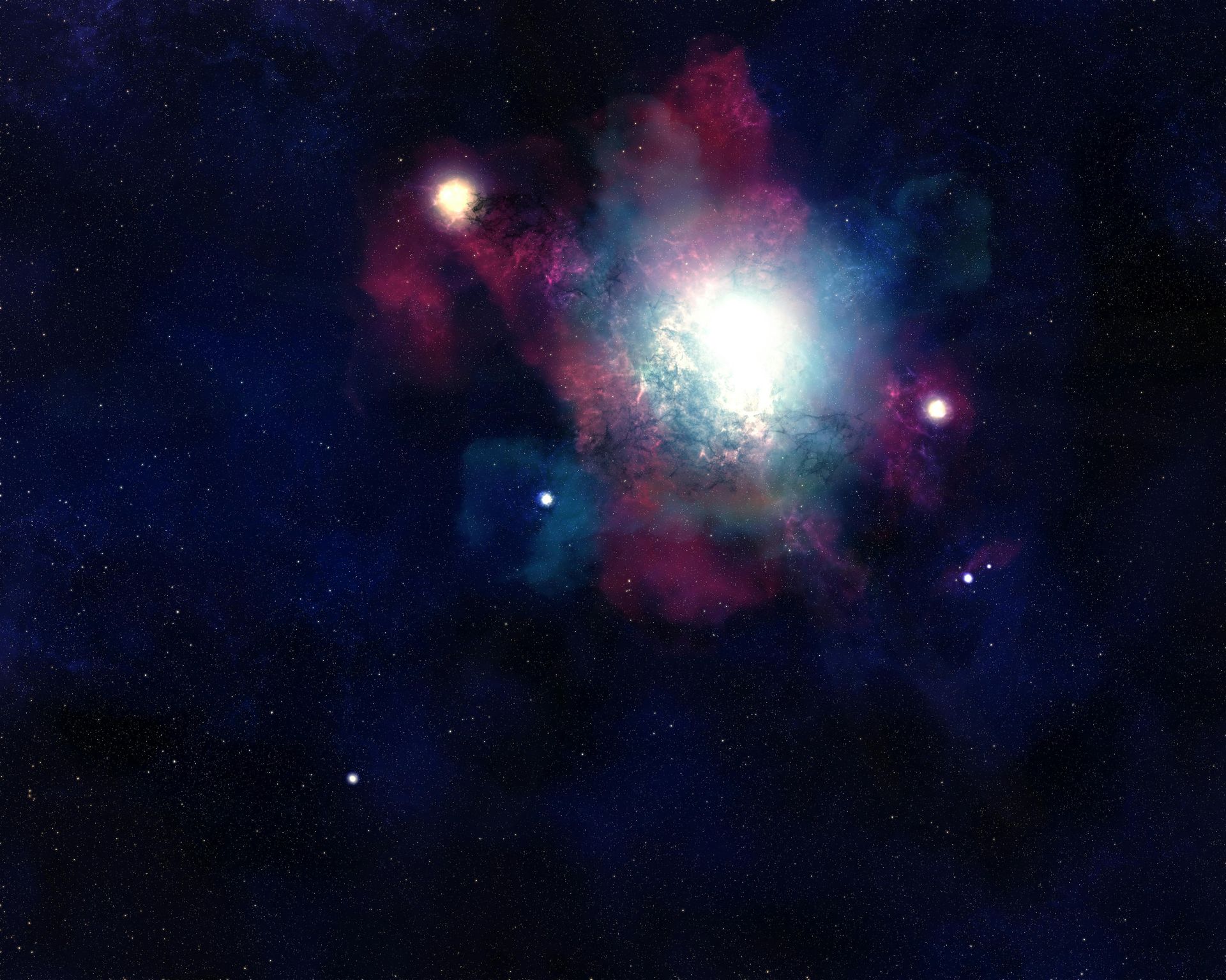 Bright nebula in space, with colorful swirls of red, pink, turquoise, and a central white light surrounded by stars.