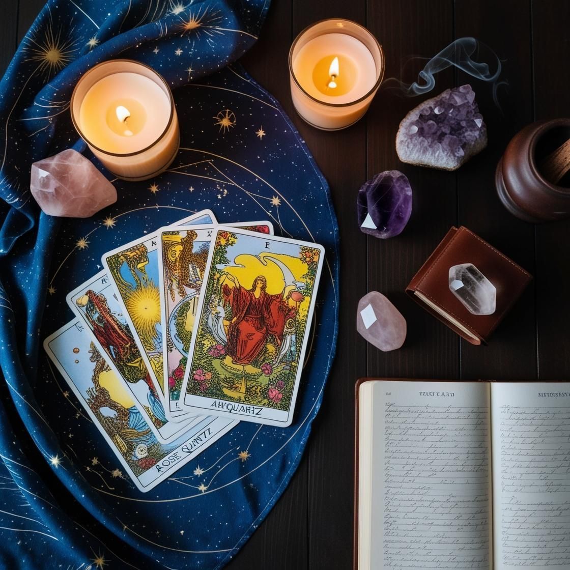 A tarot card reading setup with lit candles, crystals, and a journal on a dark table with a blue cloth featuring stars.