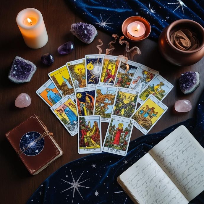 Tarot cards spread on a dark altar with candles, crystals, an open journal, and a starry cloth.