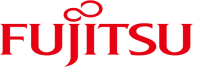 The fujitsu logo is red and white on a white background.