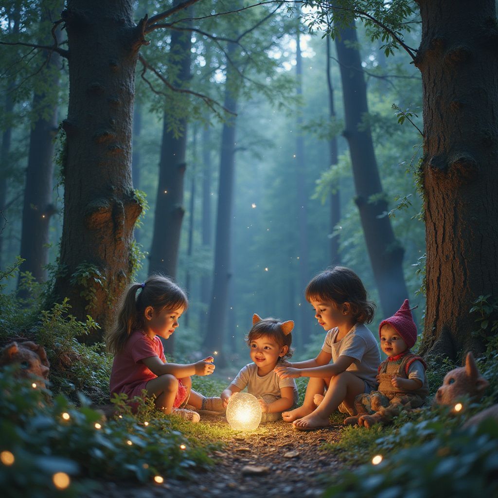 Cuatro niños se reúnen alrededor de un orbe brillante en un bosque, rodeado de luciérnagas.