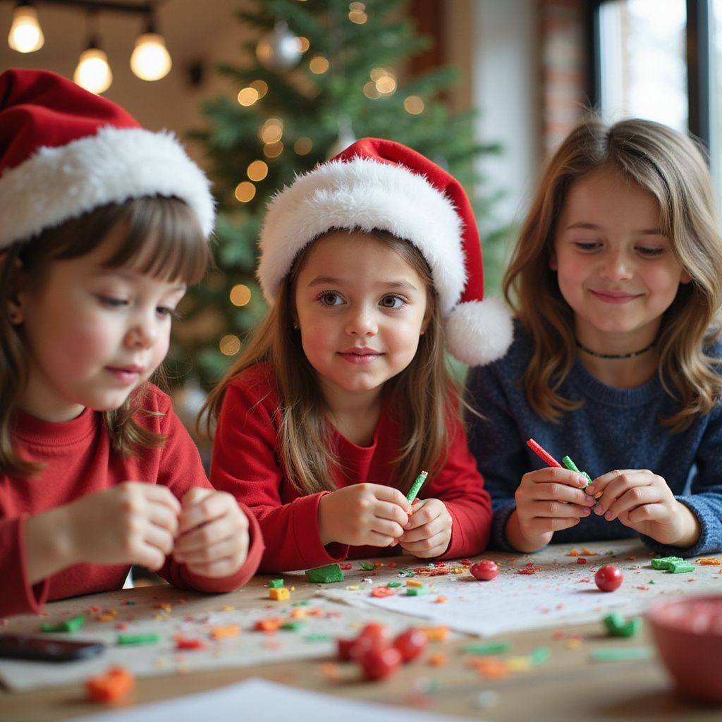 Tres niños con gorros de Papá Noel hacen manualidades en una mesa con un árbol de Navidad de fondo.