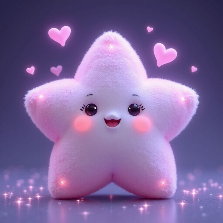 Estrella rosa y esponjosa con una cara sonriente, mejillas sonrojadas y corazones flotando a su alrededor.