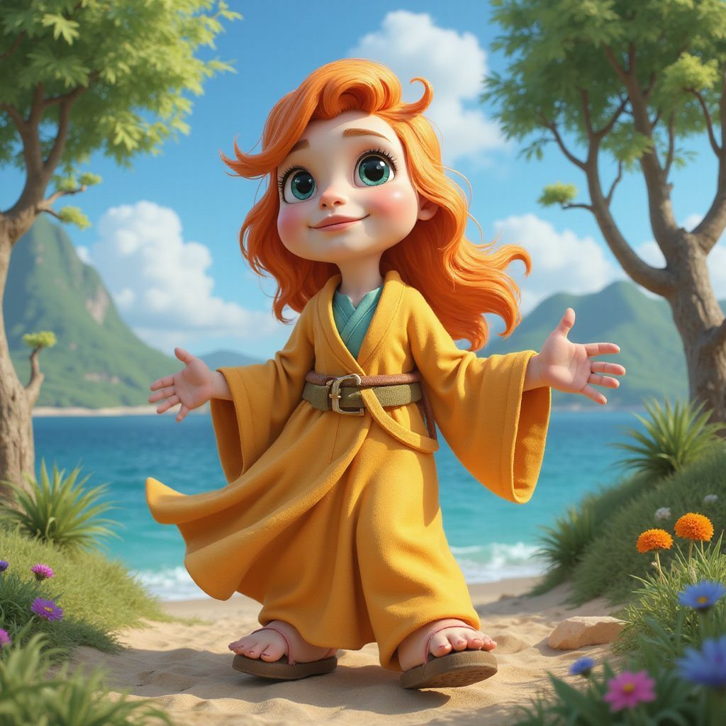 Una niña de dibujos animados con cabello rojo, vestida con una túnica amarilla, está parada en una playa de arena con los brazos extendidos.