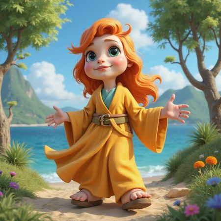Una niña de dibujos animados con cabello rojo, vestida con una túnica amarilla, está parada en una playa de arena con los brazos extendidos.