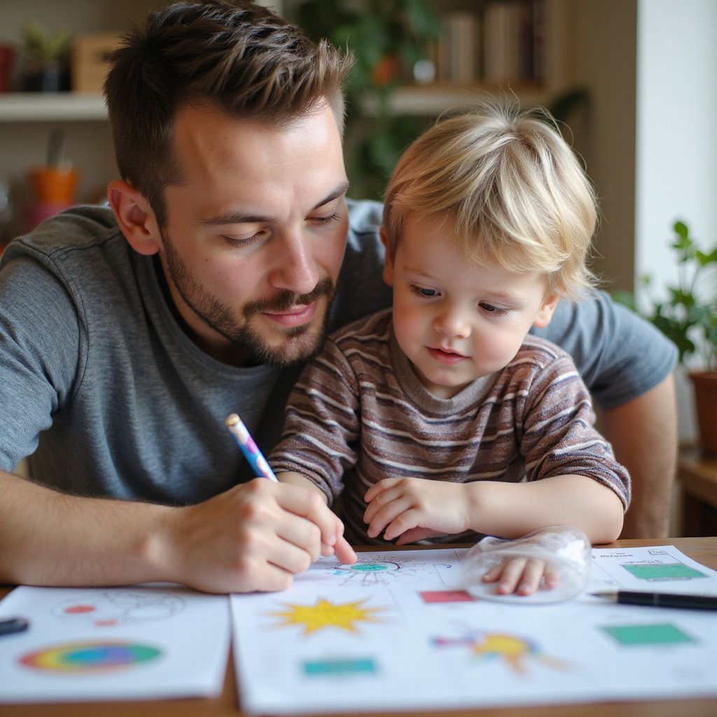 Hombre y niño dibujando juntos en una mesa, ambos concentrados en la obra de arte.