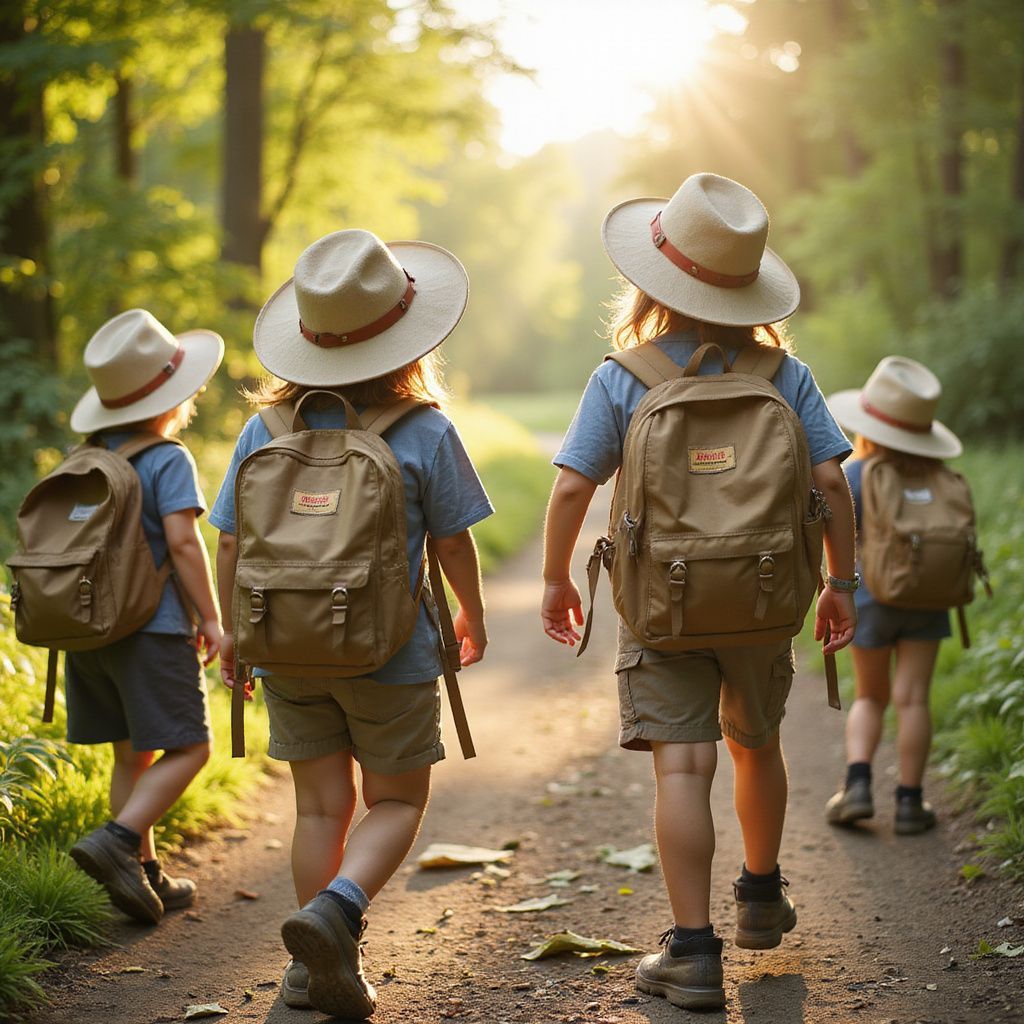 Cuatro niños con sombreros y mochilas caminan por un sendero a través de un bosque soleado.