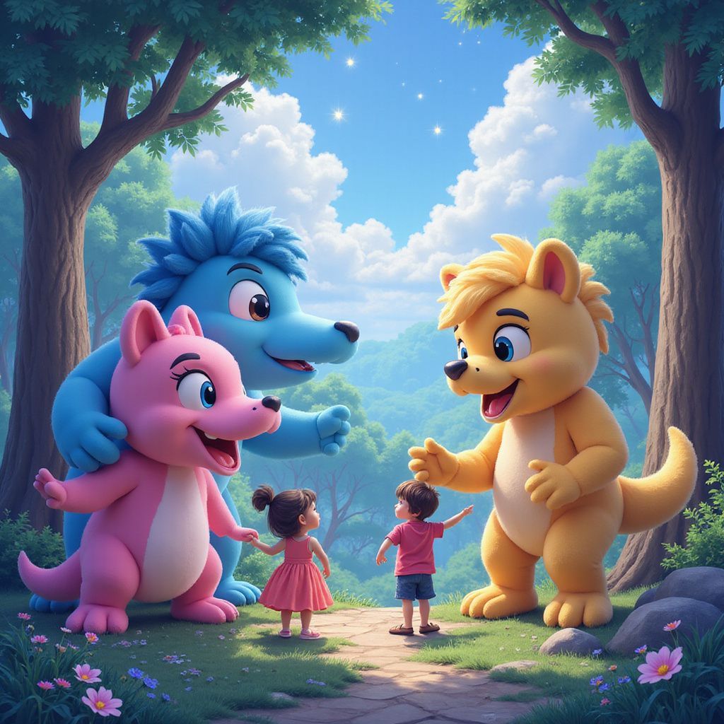Animales de dibujos animados y niños juegan en un bosque soleado. Una criatura azul, una rosa y una amarilla interactúan con dos niños.