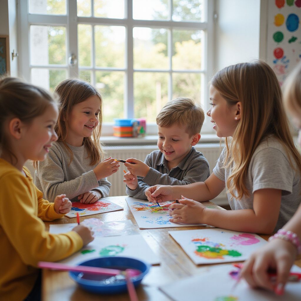 Niños pintando juntos en una mesa en una habitación bien iluminada.