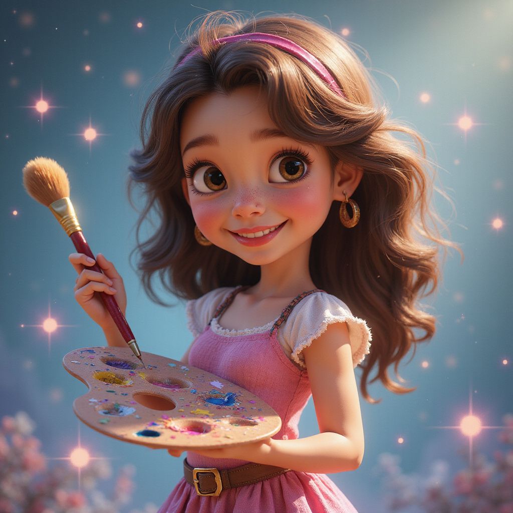 Chica de dibujos animados con cabello castaño, sonriendo, sostiene una paleta y un pincel. Lleva un vestido rosa y está rodeada de luces brillantes.