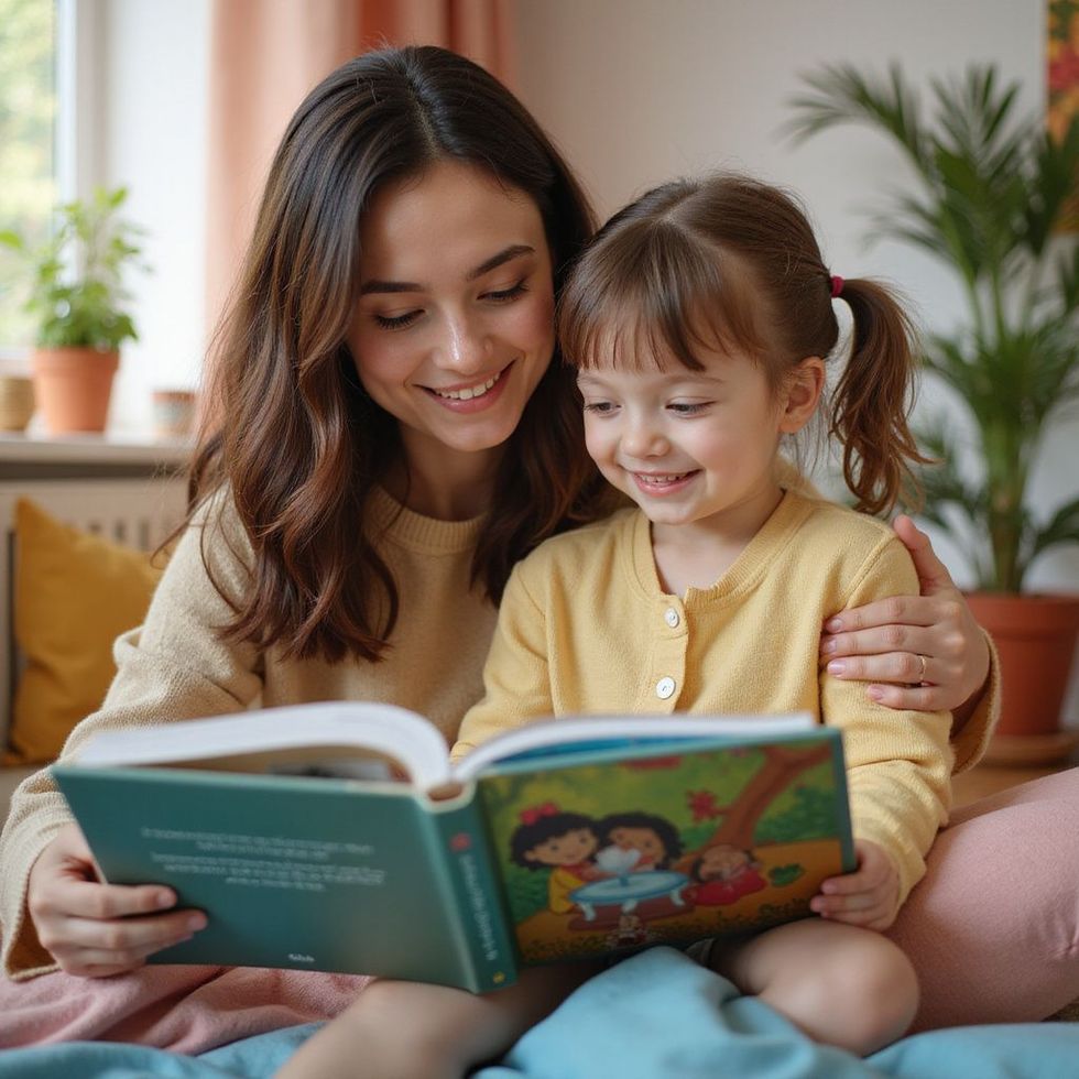 Mujer y niño sonriendo, leyendo un libro juntos en una cama.