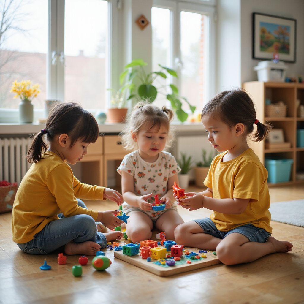 Tres niños pequeños jugando con bloques de madera de colores en el suelo.