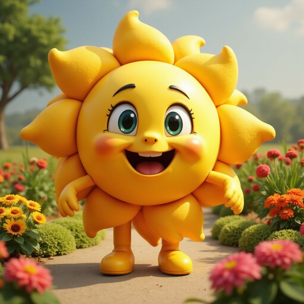 Personaje de flor amarilla sonriente con brazos y piernas en un camino de jardín bordeado de flores.