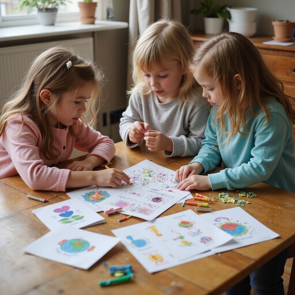 Tres niños pequeños coloreando en una mesa de madera, papeles con dibujos, crayones, entorno interior.