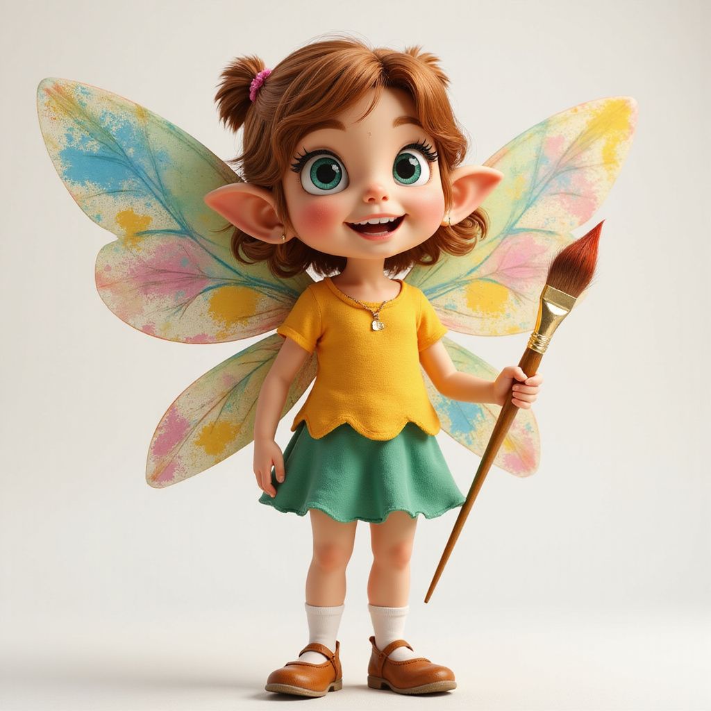 Un hada de dibujos animados con alas de colores, sostiene un pincel, viste una camisa amarilla y una falda verde y sonríe.