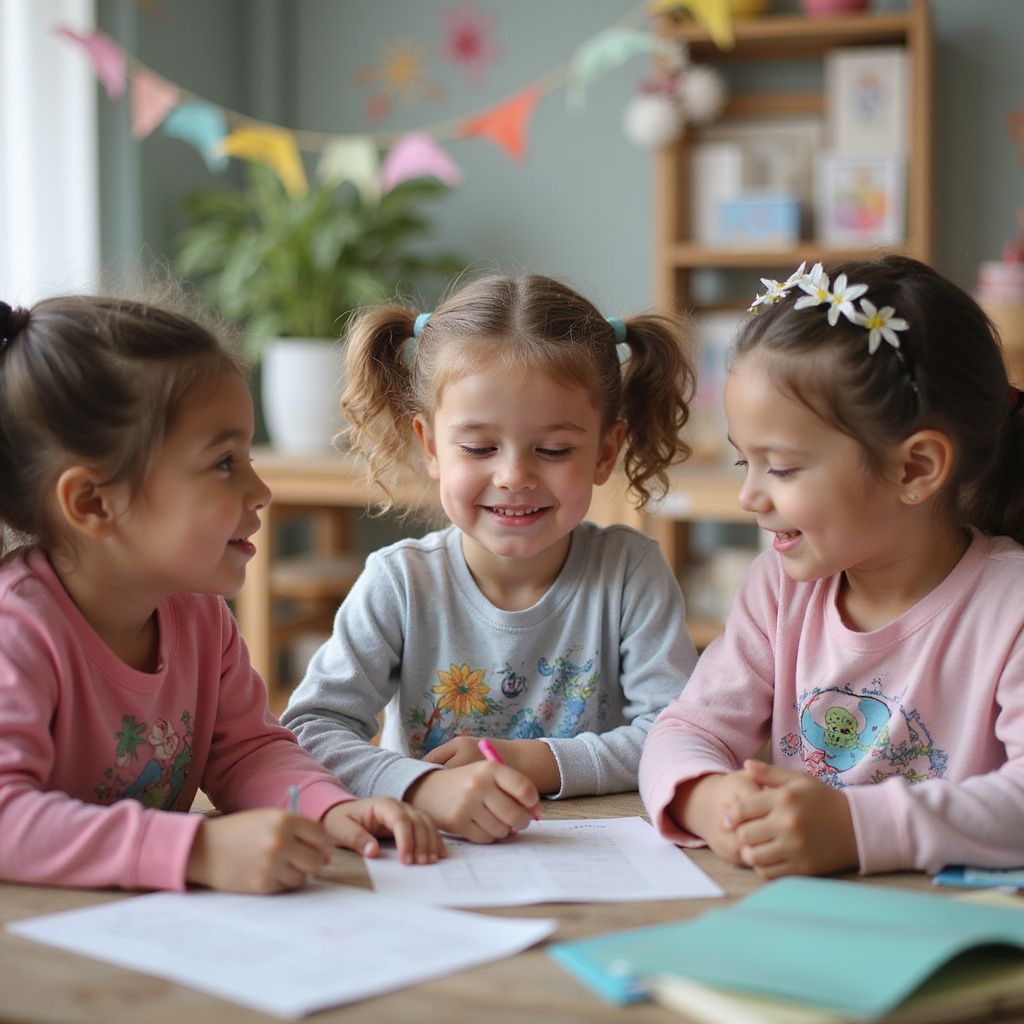 Tres niños pequeños en una mesa, sonriendo y mirando papeles. Colores pastel, ambiente interior.