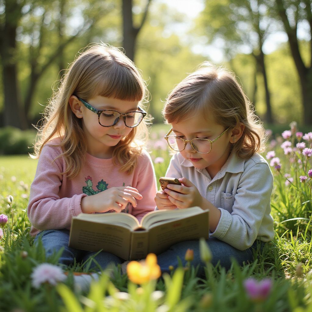Dos niños con gafas leen un libro y sostienen un teléfono en un entorno al aire libre con césped y flores.