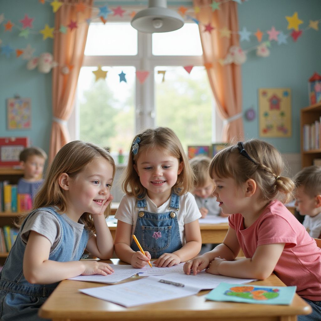 Tres niños pequeños sonriendo y dibujando en un escritorio de aula.
